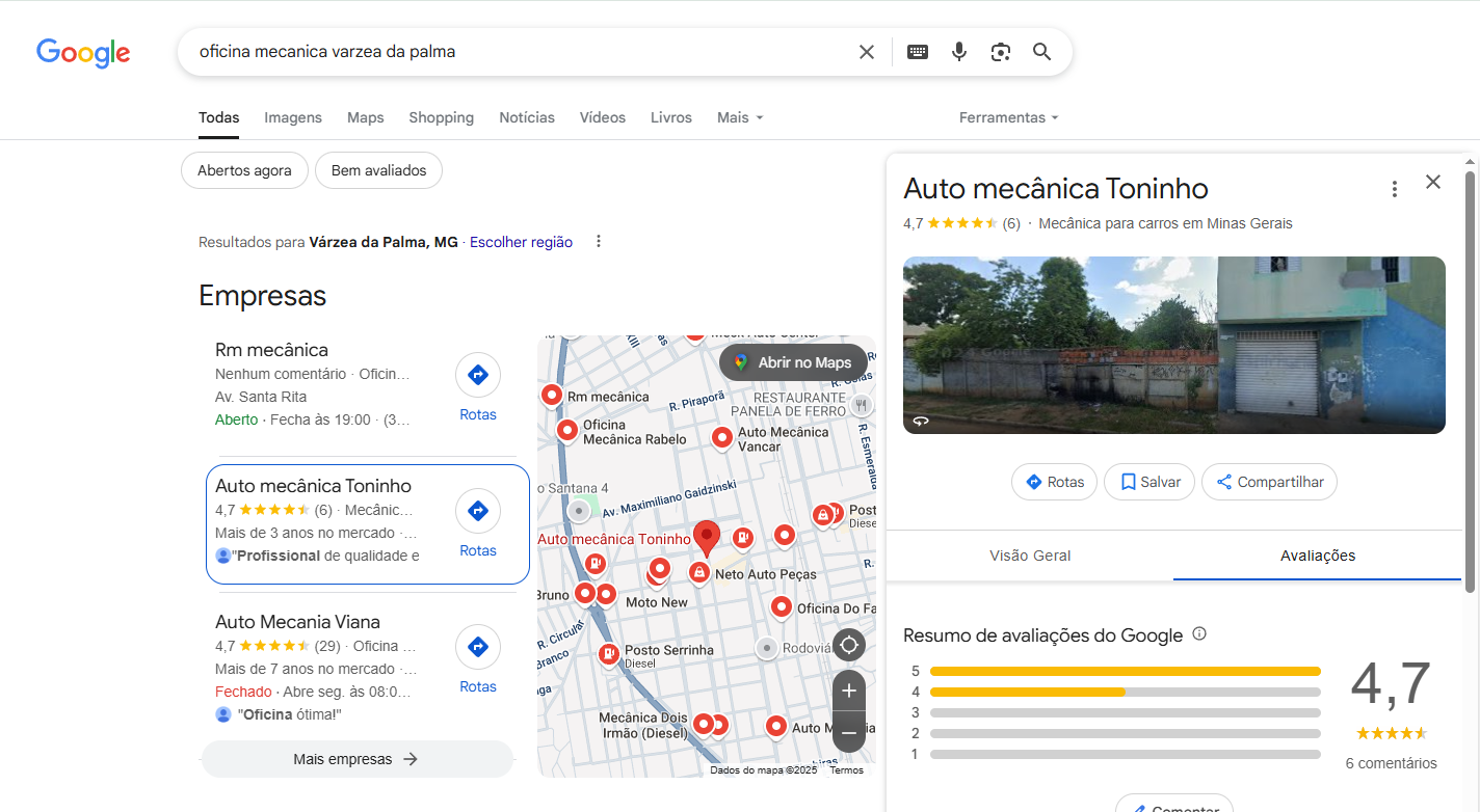 Exibição de múltiplas avaliações de 5 estrelas para uma oficina mecânica