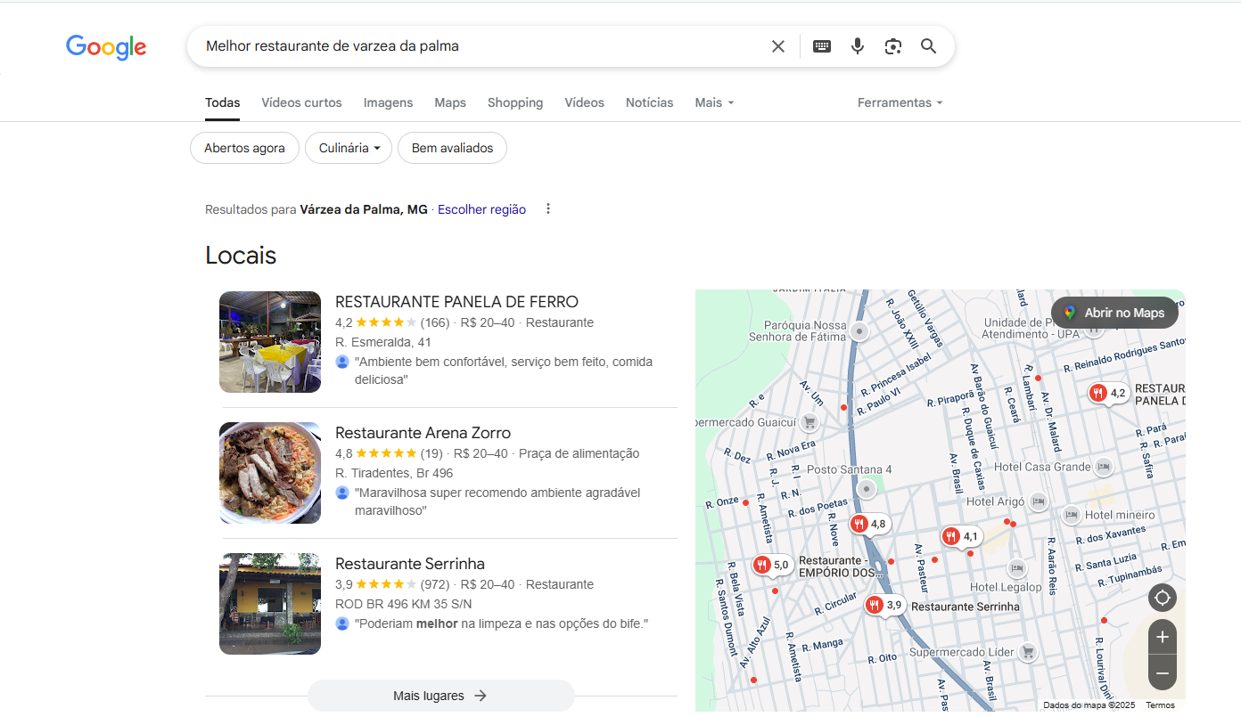 Tela do Google Maps mostrando a localização destacada de um restaurante local