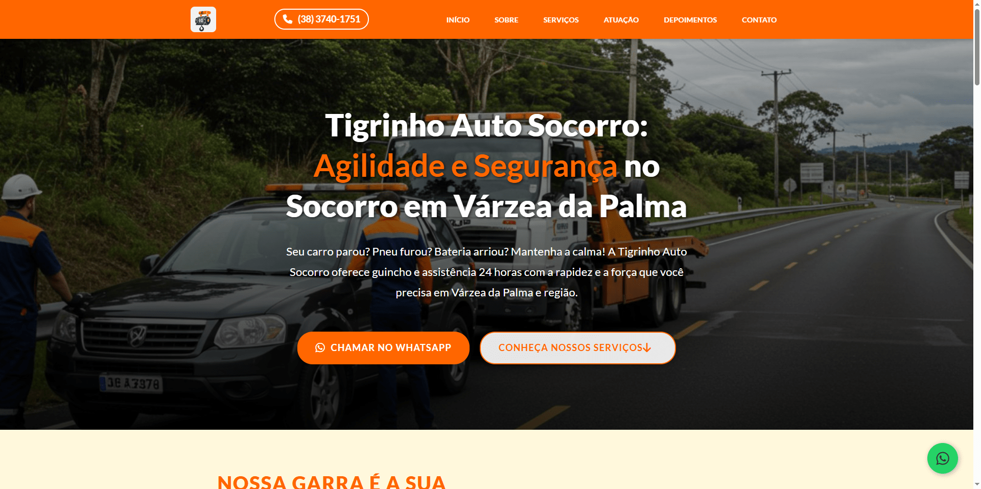 Captura de tela do site da empresa Tigrinho Auto Socorro